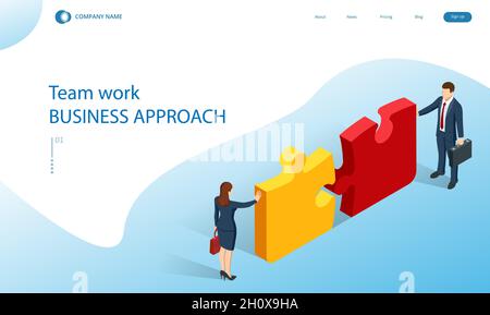 Isometrische Menschen verbinden Puzzleelemente. Geschäftliche Teamarbeit, Zusammenarbeit, Partnerschaft. Teamarbeit, Teambildung, Unternehmensorganisation. Puzzle Stock Vektor