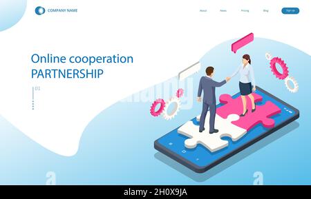 Isometrische Menschen verbinden Puzzleelemente. Geschäftliche Teamarbeit, Zusammenarbeit, Partnerschaft. Teamarbeit, Teambildung, Unternehmensorganisation. Puzzle Stock Vektor