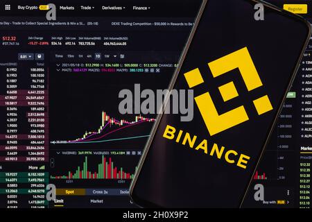 Binance-Logo auf dem Hintergrund des Handelsterminals binance.com Stockfoto