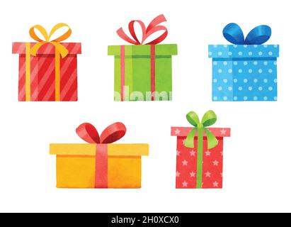 Set von Geschenken auf weiß isoliert. Aquarell weihnachten und Neujahr Set mit Geschenkschachteln. Stock Vektor