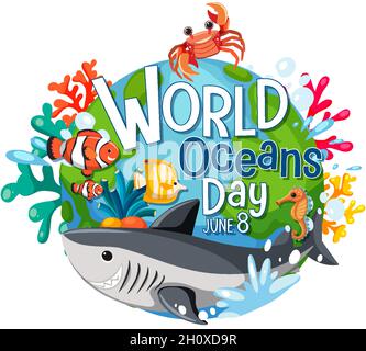 World Ocean Day Banner mit Meerestieren Cartoon Figur Illustration Stock Vektor