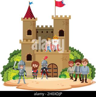 Mittelalterliche historische Burg mit Darstellung der königlichen Familie Stock Vektor