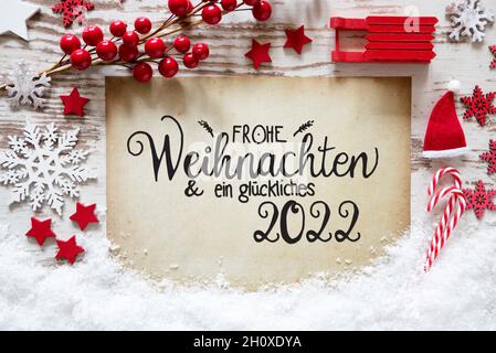 Leuchtend Rote Weihnachtsdekoration, Papier, Glueckliches 2022 Bedeutet Happy 2022 Stockfoto