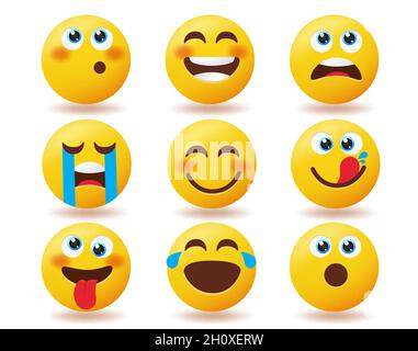 Emoji-Emoticon-Vektorset. Emoticons Charakter glücklich, denken und weinen isoliert in weißem Hintergrund für Emoji gelb Gesicht Charaktere Sammlung. Stock Vektor