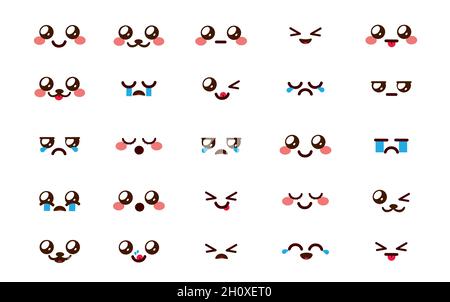 Kawaii-Emoticon-Chibi-Vektor-Set. Emoji-Cartoon-Emoticons Gesicht in Gesichtsreaktionen und Ausdrücke isoliert auf weißem Hintergrund für niedliche Comic-Doodle. Stock Vektor