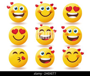 Emoji valentines Inlove Emoticon Vektorset. Emoticons lieben Charaktere in lächelndem, erröten und küssenden Gesichtsausdrücken, isoliert auf weißem Hintergrund. Stock Vektor