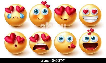 Smileys valentines Vektorset. Smiley-Charaktere in 3d Inlove, Blushing und glückliche Emotionen und Reaktion mit Herzen Element für süße Liebesgesichter. Stock Vektor