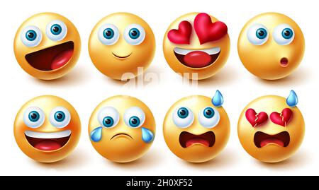 Vektorset für Emoji-Zeichen. Emojis Charakter niedlich Gesichter Kollektion in gelbem Symbol isoliert auf weißem Hintergrund für Emoticons Gesicht grafische Ausdrücke. Stock Vektor