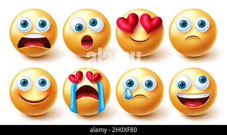 Vektorset für Emoji-Emoticons. 3d-Emoticon im schockierten, lustigen und traurigen gebrochenen Herz-Grafik-3d-Design für süße und verrückte gelbe Gesichter Emojis-Kollektion. Stock Vektor