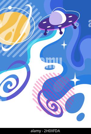 Poster mit fliegender Untertasse im Weltraum. Plakatdesign im Cartoon-Stil. Stock Vektor