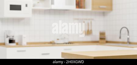 Hölzerne Küchenabtheke auf verschwommener moderner weißer minimalistischer Küchenzimmereinrichtung im Hintergrund. 3d-Rendering, 3d-Illustration Stockfoto