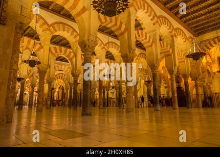 CORDOBA, SPANIEN - 11. August 2021 - Bögen im Gebetsraum der Mezquita (Moschee), Cordoba, Spanien Stockfoto