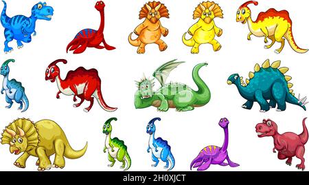 Verschiedene Dinosaurier Cartoon-Charakter und Fantasy-Drachen isoliert Illustration Stock Vektor