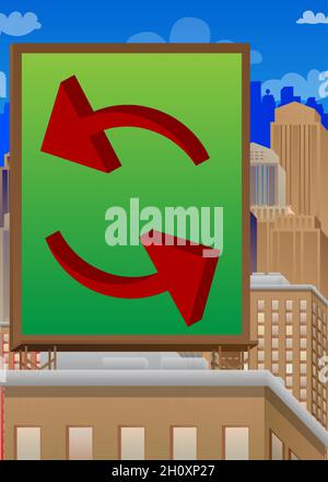 Update-Symbol auf einem Schild auf einem Backsteingebäude. Außenwerbung in der Stadt. Großes Banner auf dem Dach einer Ziegelarchitektur. Stock Vektor