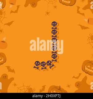 Halloween Buchstabe J aus Totenköpfen und Kreuzknochen für Design. Festliche Schriftart für Urlaub und Party auf orangefarbenem Hintergrund mit Kürbissen, Spinnen, Fledermäusen und Geistern Stock Vektor