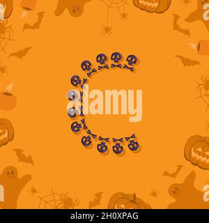 Halloween Buchstabe C aus Totenköpfen und Querknochen für Design. Festliche Schriftart für Urlaub und Party auf orangefarbenem Hintergrund mit Kürbissen, Spinnen, Fledermäusen und Geistern Stock Vektor