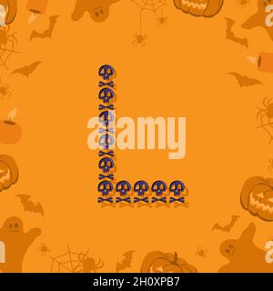 Halloween Buchstabe L aus Totenköpfen und Querknochen für Design. Festliche Schriftart für Urlaub und Party auf orangefarbenem Hintergrund mit Kürbissen, Spinnen, Fledermäusen und Geistern Stock Vektor