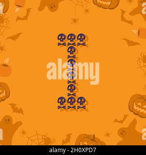 Halloween Brief I aus Totenköpfen und Querknochen für Design. Festliche Schriftart für Urlaub und Party auf orangefarbenem Hintergrund mit Kürbissen, Spinnen, Fledermäusen und Geistern Stock Vektor