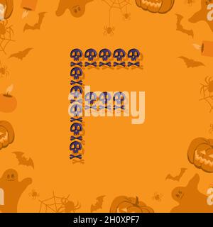 Halloween Buchstabe F aus Totenköpfen und Kreuzknochen für Design. Festliche Schriftart für Urlaub und Party auf orangefarbenem Hintergrund mit Kürbissen, Spinnen, Fledermäusen und Geistern Stock Vektor