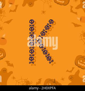 Halloween Buchstabe K aus Totenköpfen und Querknochen für Design. Festliche Schriftart für Urlaub und Party auf orangefarbenem Hintergrund mit Kürbissen, Spinnen, Fledermäusen und Geistern Stock Vektor