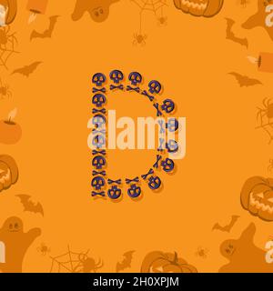Halloween Buchstabe D aus Totenköpfen und Querknochen für Design. Festliche Schriftart für Urlaub und Party auf orangefarbenem Hintergrund mit Kürbissen, Spinnen, Fledermäusen und Geistern Stock Vektor
