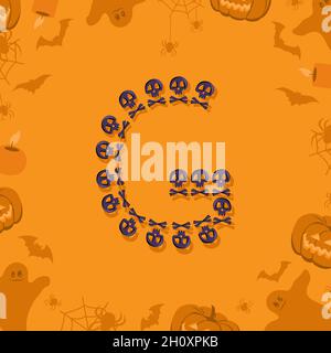Halloween Buchstabe G aus Totenköpfen und Querknochen für Design. Festliche Schriftart für Urlaub und Party auf orangefarbenem Hintergrund mit Kürbissen, Spinnen, Fledermäusen und Geistern Stock Vektor