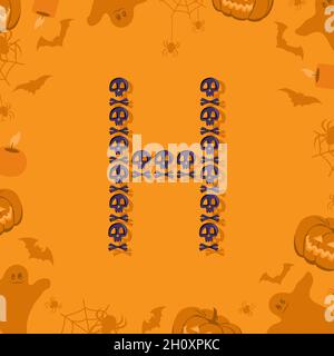 Halloween Buchstabe H aus Totenköpfen und Kreuzknochen für Design. Festliche Schriftart für Urlaub und Party auf orangefarbenem Hintergrund mit Kürbissen, Spinnen, Fledermäusen und Geistern Stock Vektor