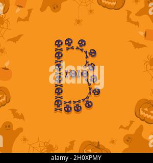 Halloween Buchstabe B aus Totenköpfen und Kreuzknochen für Design. Festliche Schriftart für Urlaub und Party auf orangefarbenem Hintergrund mit Kürbissen, Spinnen, Fledermäusen und Geistern Stock Vektor