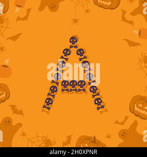 Halloween Buchstabe A aus Totenköpfen und Kreuzknochen für Design. Festliche Schriftart für Urlaub und Party auf orangefarbenem Hintergrund mit Kürbissen, Spinnen, Fledermäusen und Geistern Stock Vektor