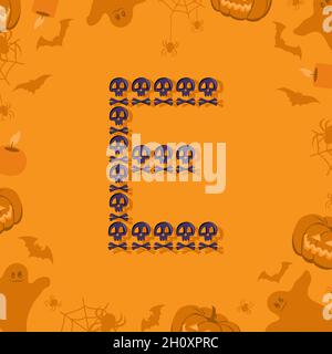 Halloween Buchstabe E aus Totenköpfen und Kreuzknochen für Design. Festliche Schriftart für Urlaub und Party auf orangefarbenem Hintergrund mit Kürbissen, Spinnen, Fledermäusen und Geistern Stock Vektor