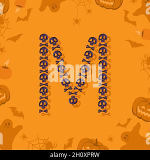 Halloween Buchstabe M aus Totenköpfen und Querknochen für Design. Festliche Schriftart für Urlaub und Party auf orangefarbenem Hintergrund mit Kürbissen, Spinnen, Fledermäusen und Geistern Stock Vektor