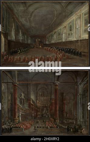 Papst Pius VI. Steigt auf den Thron, um den Dogen in der Halle der SS zu verlassen. Giovanni e Paolo, 1782 und Päpstliche Zeremonie in SS. Giovanni e Paolo, Venedig, 1782 (Paar), c. 1783. Francesco Guardi (Italienisch, 1712-1793). Öl auf Leinwand; gerahmt: 69.2 x 86.4 x 10.2 cm (27 1/4 x 34 x 4 Zoll); ungerahmt: 51.4 x 68.8 cm (20 1/4 x 27 1/16 Zoll). Vom 15. Bis 18. Mai 1782 war Papst Pius VI. Braschi in Venedig, dem einzigen päpstlichen Besuch im 18. Jahrhundert, der mit großen Festlichkeiten gefeiert wurde. Francesco Guardi (1712-1793), ein gebürtiger Venezianer, war einer der berühmtesten szenischen Maler des eigh Stockfoto