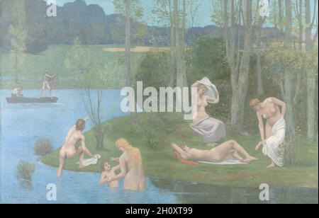 Sommer 1891. Pierre Puvis de Chavannes (Französisch, 1824-1898). Öl auf Stoff; gerahmt: 189.5 x 270.5 x 14.6 cm (74 5/8 x 106 1/2 x 5 3/4 Zoll); ungerahmt: 149.6 x 232.4 cm (58 7/8 x 91 1/2 Zoll). Dieses Gemälde ist eine kleinere Version eines Wandbildes zum gleichen Thema, das für das Hôtel de Ville in Paris gemalt wurde und das ein Begleitbild mit dem Titel Winter hat. Ein Schriftsteller beschrieb damals den Sommer als „erfüllt von Freude, Glück, Ruhe und der Apotheose des Lebens“. Georges Seurat, Paul Gauguin und Pablo Picasso gehörten zu den vielen Modernisten, die von Puvis de Chavannes traumhaften Themen und antinaturalistischen s beeinflusst wurden Stockfoto