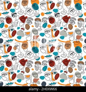 Nahtloses Muster Gesichtslinie Kunst. Surreale Gesichtsmalerei mit Farbformen. Vektor Surreal Gesicht Hintergrund, Linear Art, Farbige Illustration, Frau Mann Stock Vektor