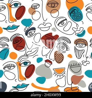 Nahtloses Muster Gesichtslinie Kunst. Surreale Gesichtsmalerei mit Farbformen. Vektor Surreal Gesicht Hintergrund, Linear Art, Farbige Illustration, Frau Mann Stock Vektor