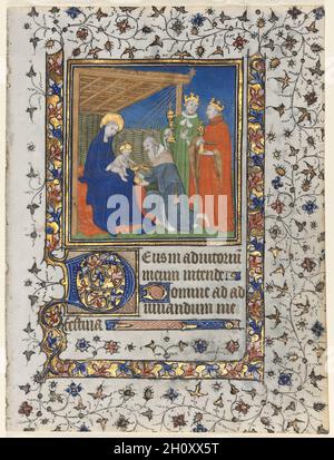 Bifolio aus einem Buch von Stunden: Anbetung der Heiligen Drei Könige, C. 1415. Workshop Boucicaut Master (Französisch, Paris, aktiv über 1410-25). Tusche, Tempera und Gold auf Pergament; Folio: 16,8 x 12,7 cm (6 5/8 x 5 in.). Stockfoto