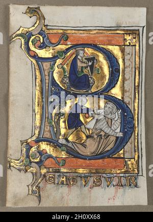 Blatt aus einem Psalter: Initial B mit König David, c. 1260. Flandern, Liège(?), 13. Jahrhundert. Tempera und Gold auf Pergament; Blatt: 13 x 8.9 cm (5 1/8 x 3 1/2 Zoll). Traditionelle Orte innerhalb der Texte von Manuskriptpsaltern wurden mit verzierten Initialen oder ganzseitigen Miniaturen markiert. Diese Miniaturen bezeichnet die wichtigsten Abteilungen der Psalmen, wie sie im täglichen Amt. Die außergewöhnliche Qualität dieser Miniaturen lässt vermuten, dass sie einst einen luxuriösen Psalter für einen wohlhabenden oder aristokratischen Mäzen dekoriert hatten. Stockfoto