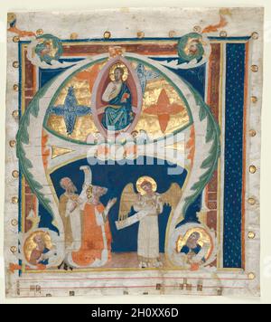 Historiated initial (A) aus einem allmählichen: Christus in Majestät mit König David und Propheten, c. 1300-1340. Italien, Florenz (?). Tinte, Tempera und Gold auf Pergament; Blatt: 28 x 24 cm (11 x 9 7/16 Zoll). Diese Initiale A bezieht sich wahrscheinlich auf eine der berühmtesten lateinischen Antworten, die am ersten Adventssonntag vor Weihnachten gesungen wurden: Aspiciens a longe et ecce Video Dei potentiam venientem (Ich schaue aus der Ferne, und siehe, ich sehe die Kraft Gottes kommen). Mit diesem Lied wurde die physische Gegenwart Christi in der Welt gefeiert. Das Blatt ist wahrscheinlich einem Antiphonar entnommen, einem großen liturgischen Buch uns Stockfoto