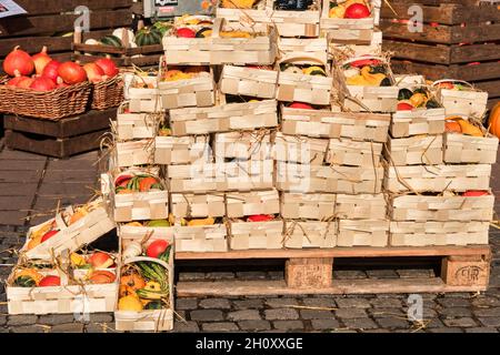 Cürbisse on a Herbstmakt im Oktober Stockfoto