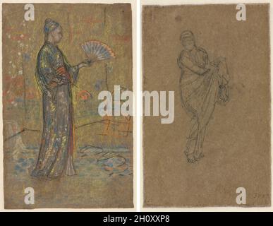 Japanische Frau, die einen Fächer malt (recto); stehende Frau, die ihr Kleid hochhält (verso), c. 1872. James McNeill Whistler (amerikanisch, 1834-1903). Schwarze Kreide und Pastell; Blatt: 27.9 x 17.6 cm (11 x 6 15/16 Zoll); sekundäre Halterung: 38.5 x 28.9 cm (15 3/16 x 11 3/8 Zoll). Nachdem er von der US-Militärakademie in West Point ausgewiesen wurde, machte sich Whistler auf den Weg nach Europa, wo er das Leben des Künstlerbohemians zunächst in Paris und dann in London verfolgte. Whistler war ein Pionier bei der Wertschätzung der Auswirkungen japanischer Drucke, und seine Kunst zeichnet sich durch eine asiatische Feinheit und Delikatesse aus. Whistler unterzeichnet Stockfoto