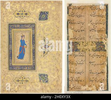 Prinzessin mit Weinflasche und Becher (recto); persische Verse (verso), c. 1550-1600 (recto); c. 1450-1500 (verso). Iran, Qazvin oder Isfahan, Safavid-Periode (1501-1722) (recto); Iran, möglicherweise Timurid-Periode (1370-1501) (verso). Deckendes Aquarell, Tinte und Gold auf Papier; rückseitig: 11.8 x 5.3 cm (4 5/8 x 2 1/16 Zoll); recto-Bild: 12.2 x 5.7 cm (4 13/16 x 2 1/4 Zoll); insgesamt: 37.1 x 24.8 cm (14 5/8 x 9 3/4 Zoll). Einseitige Darstellungen höflicher Figuren wurden im Iran während der 1500er Jahre populär. Das Thema vermittelt hier safavidische ideale weiblicher Schönheit. Lange dunkle Haare fallen in jeweled Zöpfen bis hinunter Stockfoto