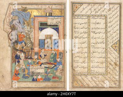 Yusuf und Zulaykha (recto); Textseite, persische Verse (verso), c. 1556-65. Iran, Shiraz oder Mashhad, Safavid-Periode (1501-1722). Deckendes Aquarell, Tinte und Gold auf Papier; Blatt: 29.8 x 17.3 cm (11 3/4 x 6 13/16 Zoll); Bild: 21.3 x 15.3 cm (8 3/8 x 6 Zoll). Das Khamsa, eine Suite von fünf Gedichten (Khamsa ist Arabisch für fünf), die im zwölften Jahrhundert geschrieben wurden, war, wie das frühere Shahnama, mit der Geschichte und den Legenden des vorislamischen Iran beschäftigt. Aber Nizamis Interesse galt eher der Liebe als dem Krieg. In diesem zweiten der Gedichte erzählt er die Geschichte berühmter Sternefreunde. Stockfoto