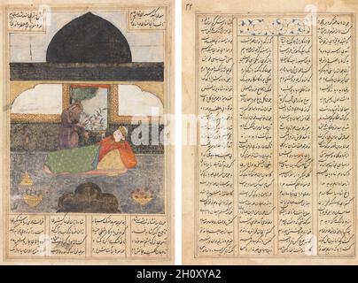 Bahram gur besucht die Prinzessin von Indien in die Schwarze Pavillon, Illustration und Text, persischen Versen (recto); Bahram gur besucht die Prinzessin von Indien, Text Seite, persischen Versen (verso), C. 1400-1410. Iran, möglicherweise Täbris oder Shiraz, Timurid, Anfang des 15. Jahrhunderts. Opak Aquarell und Tusche auf Papier; Bild: 18,7 x 12,3 cm (7 3/8 x 4 13/16 in.); Insgesamt: 23,2 x 15,5 cm (9 1/8 x 6 1/8 in.); Text: 18,2 x 12 cm (7 3/16 x 4 3/4 in.). Stockfoto