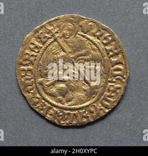 Halber Engel: Engel, der einen Drachen erschlugt (Vorderseite), 1526-1544. England, Henry VIII, 1509-1547. Gold; Durchmesser: 2.2 cm (7/8 in.). Stockfoto