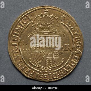 Sovereign: Gekrönter Schild mit Waffen von England, Schottland und Irland (Rückseite), 1603-1604. England, James I., 1603-1625. Gold; Durchmesser: 3.8 cm (1 1/2 Zoll). Stockfoto