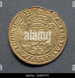 Halber Souverän: Heinrich VIII. (Vorderseite); gekröntes Wappen (Rückseite), 1544-1547. England, Henry VIII, 1509-1547. Gold; Durchmesser: 3.4 cm (1 5/16 Zoll). Stockfoto