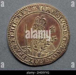 Triple Unite oder Three Pound Piece: Charles I (Vorderseite), 1643. England, Karl I., 1625-1649. Gold; Durchmesser: 4.6 cm (1 13/16 Zoll). Stockfoto