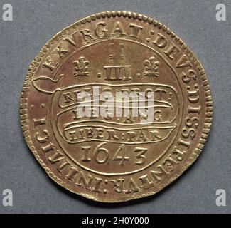 Triple Unite oder Three Pound Piece: Deklaration über die Rolle mit drei Federn (Rückseite), 1643. England, Karl I., 1625-1649. Gold; Durchmesser: 4.6 cm (1 13/16 Zoll). Stockfoto