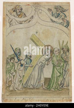 Einzelnes Blatt aus einer 'Biblia Pauperum': Christus trägt das Kreuz (verso), c. 1410. Deutschland, Bayern. Tinte und Tempera auf Pergament; Blatt: 19.8 x 14.2 cm (7 13/16 x 5 9/16 Zoll). Die Biblia Pauperum, auch bekannt als die „Bibel des armen Mannes“, war ein einfaches Bilderbuch, das zur Erklärung biblischer Prophezeiungen und Symbolik verwendet wurde. Diese Bände dienten als Hilfe für Prediger, um die Einheit der Bibel zu demonstrieren. Die Ikonographie dieser populären Bücher stellte zwei Szenen aus dem Alten Testament einer aus dem Leben Christi gegenüber. In diesem Beispiel wird das Bild von Christus, der das Kreuz trägt, zwischen Abraham und Isaak auf t eingefügt Stockfoto