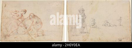 Zwei Männer binden ein Paket (recto) fünf Figurenstudien (verso), 1600. Anonym. Graphit und rote Kreide; Blatt: 10.1 x 15.4 cm (4 x 6 1/16 Zoll). Stockfoto